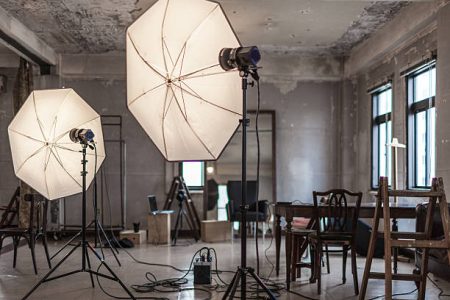 film and photography equipment inside a industrial style rental studio